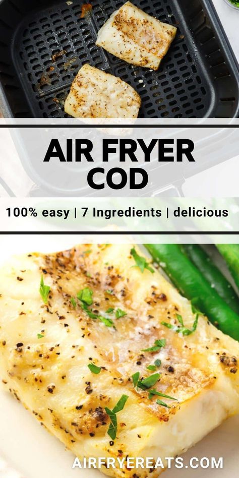 This delicious Air Fryer Cod recipe takes less than 15 minutes to make, and is perfectly seasoned without the need for any breadcrumbs! Baked Codfish Recipes, Cod Loins In Air Fryer, Airfryer Cod Fish, Cod Fish In Air Fryer, Baked Cod In Air Fryer, Baked Fish In Air Fryer, Healthy Cod Fish Recipes Air Fryer, Air Fry Cod Fish Recipes, Pacific Cod Recipes Air Fryer