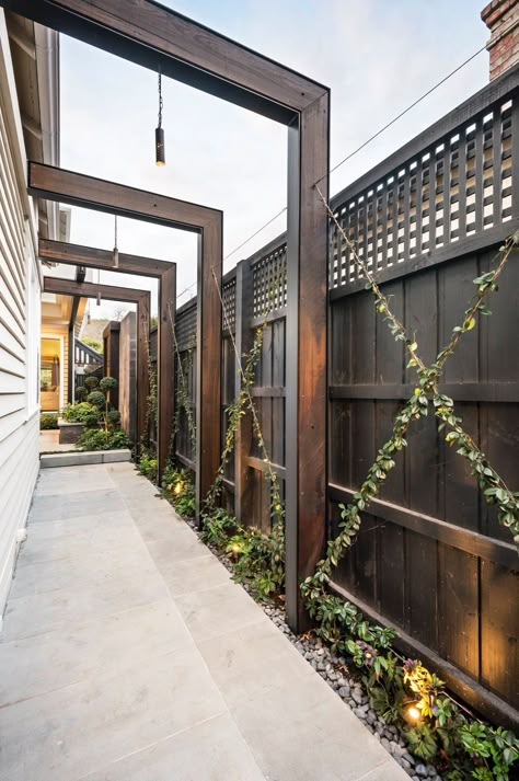 This might be a cheaper way to cover the fences than planting trees or hedges, but would the supports ending up costing just as much? Pergola Diy, Side Yard Landscaping, Side Yards, Planting Trees, Pergola Lighting, Pergola Design, Stone Walkway, Side Garden, Fence Decor