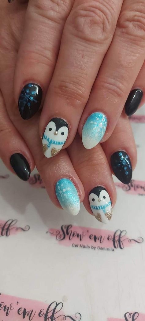 New nails from the so very talented Daniella Christmas Nails Penguin Winter, Penguin Nail Art Christmas, Winter Penguin Nails, Winter Animal Nails, Penguin Nails Christmas, Penguin Christmas Nails, Arctic Nails, Cute Gel Nails For Winter, Winter Nails For Kids