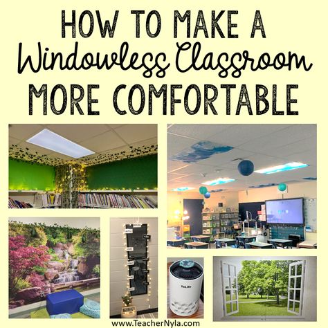 How to Decorate a Windowless Classroom 5 Ideas To Decorate A Classroom, Ceiling Classroom Decor, Decorate Portable Classroom, Classrooms With No Windows, Diy Fake Window For Classroom, Pretend Window In Classroom, Fake Window For Classroom, Fake Window In Classroom, Classroom No Windows