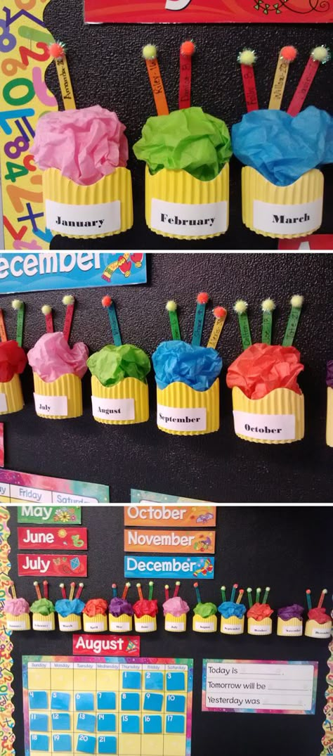 Cupcake Birthday Display Classroom, Cupcake Birthday Board Preschool, Cupcake Birthday Board Classroom, Preschool Birthday Chart Ideas, Charity Bulletin Board Ideas, Cupcake Birthday Wall For Classroom, Diy Birthday Chart Classroom, Rainbow Birthday Board Classroom, Birthday Chart For School