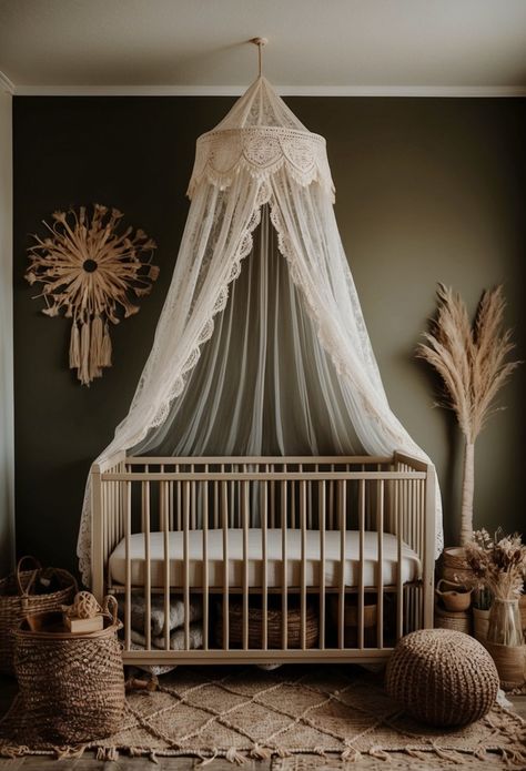 Nursery With Canopy Over Crib, Nursery With Canopy, Canopy Over Crib, Boho Crib Bedding, Boho Nursery Ideas, Wooden Bead Chandelier, Rustic Wooden Shelves, Crib Canopy, Handmade Soft Toys