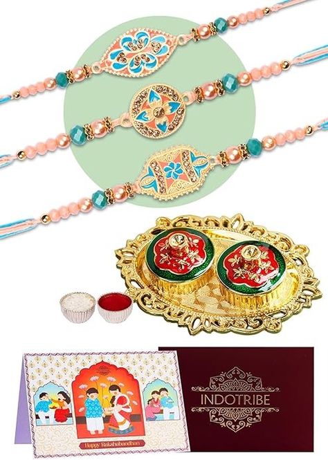 Amazon.com: IndoTribe, Rakhi For Brother with Gift Set - Set of 3, Rakhi For Brother with Thali,Card | Rakhi for Brother and Bhabhi | Rakhi Hamper For Brother | Bhaiya Bhabhi Rakhi | Raksha Bandhan Rakhi : Clothing, Shoes & Jewelry Raksha Bandhan Rakhi, Rakhi For Brother, Raksha Bandhan, Gifts For Brother, Shoes Jewelry, Gift Set, Shoe Jewelry, Gifts