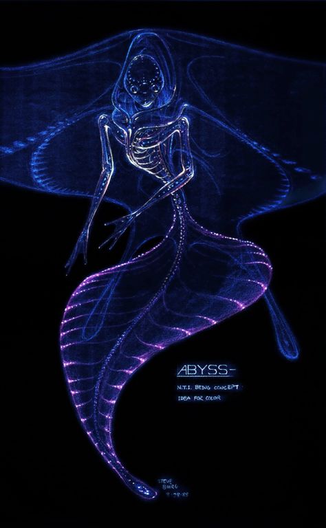 The Abyss (1989) by James Cameron ♥♥♥♥♡  A civilian diving team are enlisted to search for a lost nuclear submarine and face danger while encountering an alien aquatic species... Jean Giraud, Arte Alien, Deep Sea Creatures, Mermaid Drawings, Psy Art, Alien Concept, Alien Design, The Abyss, 다크 판타지