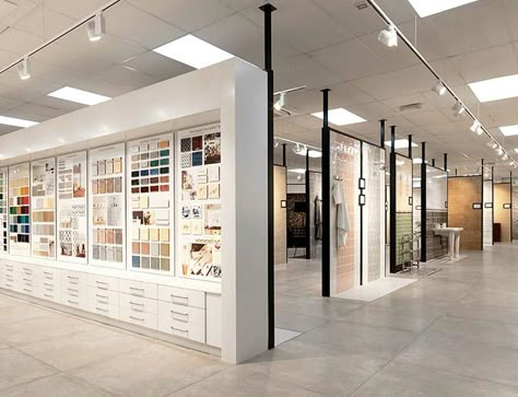 Small Showroom Interior Design, Design Center Showroom Ideas, Material Display Wall, Design Showroom Ideas, Small Showroom Ideas, Showroom Interior Design Concept Stores, Material Display Showroom, Tile Store Showroom, Tile Showroom Interior Design Ideas