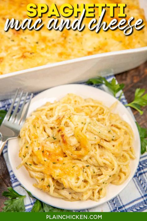 Spaghetti Mac and Cheese Recipe - creamy, cheesy, and baked to golden perfection, this twist on the classic dish is a surefire crowd-pleaser. Tender pasta baked in a creamy cheese sauce made with a blend of fontina, sharp cheddar, and Gruyere. Perfect for weeknight dinners or special occasions, this mouthwatering recipe will become an instant favorite. Spaghetti Macaroni And Cheese, Spaghetti And Cheese Pioneer Woman, Cheesy Spaghetti Bake, Cheddar Spaghetti, Spaghetti Mac And Cheese, Mac And Cheese Spaghetti, Spaghetti And Cheese, Apple Roll, Chipotle Pasta