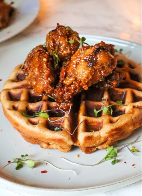 Plate of chicken and waffles Chicken Waffles Recipe, Gluten Free Fried Chicken, Maple Bourbon Glaze, Fried Chicken And Waffles, Savory Waffles, Buttermilk Fried Chicken, Glazed Chicken, Fried Chicken Recipes, Chicken And Waffles