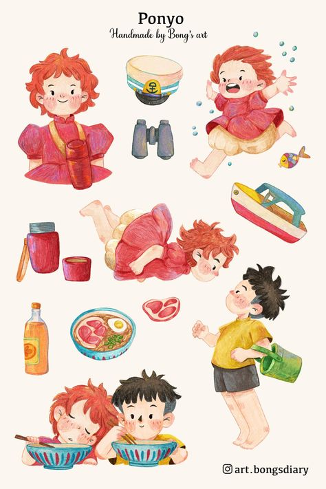 Ponyo Ghibli Drawing, Studio Ghibli Bujo, Ponyo Illustration, Gibi Studio, Ponyo Watercolor, Ponyo Drawings, Studio Ghibli Illustration, Kawaii Journal Stickers, Studio Ghibli Drawings