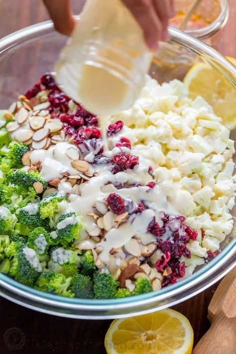 Creamy Broccoli Salad Recipe (VIDEO) - NatashasKitchen.com Creamy Broccoli Salad Recipe, Broccoli Cauliflower Salad Recipes, Creamy Broccoli Salad, Vegetable Salads, Broccoli Cauliflower Salad, Winter Picnic, Creamy Broccoli, Broccoli Salad Recipe, Creamy Recipes