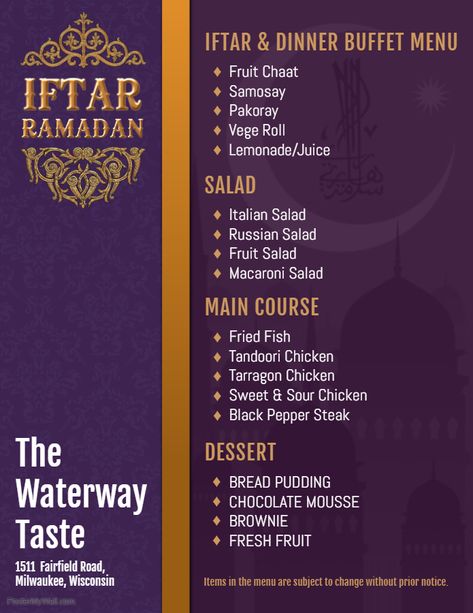 Purple Traditional Iftar Menu Design Ramadan Menu Ideas, Iftar Menu Ideas, Ramadan Menu Design, Ramadan Iftar Invitation, Ramadan Iftar Invitation Template, Iftar Party Poster, Iftar Poster Background, Iftar Meet Poster, Salad Macaroni