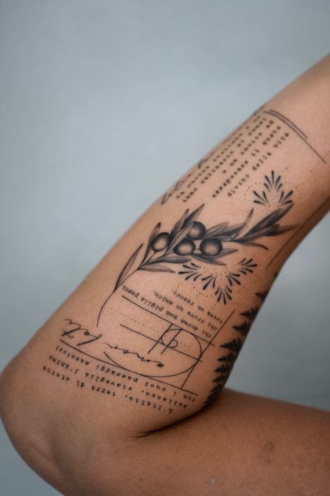 A tattoo arm composition about letterings, geometry and olive branch Conceptual Tattoo, Perspective Tattoos, Botanical Tattoo Design, Geometric Tattoo Sleeve Designs, Italian Tattoos, Wrist Tattoo Ideas, Wrist Tattoo Designs, Inner Forearm Tattoo, Tattoo Graphic