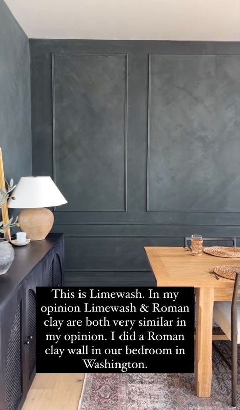 Roman clay texture in speakeasy but charcoal colour instead Roman Clay Bedroom Wall, Dark Roman Clay Wall, Roman Clay Living Room, Roman Clay Accent Wall, Charcoal Limewash Wall, Roman Clay Bedroom, Roman Clay Kitchen, Charcoal Walls Living Room, Clay Accent Wall