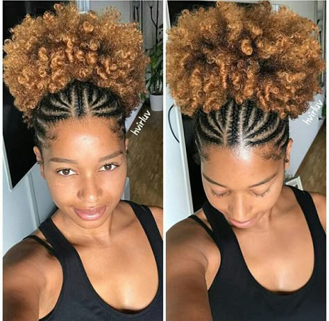 Des idées de coiffures pour les sistas aux cheveux crépus . Soyez ins… #aléatoire # Aléatoire # amreading # books # wattpad Cornrow With Afro Ponytail, Natural Hair Braided Into Two Puffs, Braid Styles For 4c Natural Hair, Half Braided Afro Hairstyles, Half Braided Hairstyles For Black Women Natural Hair, Cornrow With Afro Pony, Braided Up Puff Natural Hair, Cornrows Into A Puff, Afro Puff Ponytail With Braids