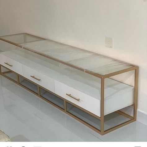 Gold Tv Stand Ideas For Living Room, Gold Console Table For Tv, Gold Glass And White Tv Unit, Square Gold And Glass Coffee Table, Glass Table Living Room, Coffee Table Square Gold And Glass, Steel Bed Design, Teal Living Rooms, Steel Bed