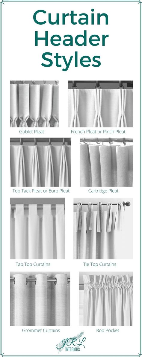 Types Of Curtain Pleats, Types Of Curtains Style, Curtain Pleats Styles, Euro Pleat Curtains, Creative Curtain Ideas, French Pleat Drapery, French Pleat Curtains, Tie Top Curtains, Curtains Style