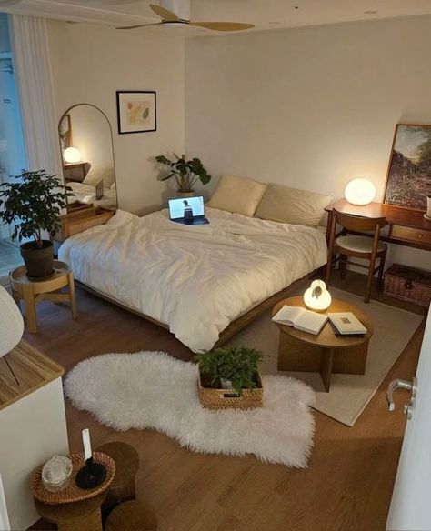 Apartment Bedroom Aesthetic Minimalist, Natural Room Inspiration, Apartment Nature Aesthetic, Normcore Bedroom, 1 Bed 1 Bath Apartment Ideas, Wood And White Room, Bedroom Rug Aesthetic, White And Dark Wood Bedroom, Wood Furniture Aesthetic