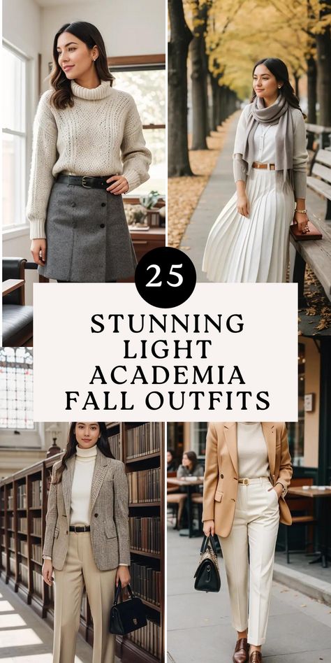 Light Academia Fall Outfits Light Colored Wardrobe, Light Colored Winter Outfits, Academic Winter Outfits, Cozy Librarian Outfit, Light Academia Winter Outfits, Soft Autumn Office Outfits, Soft Autumn Fall Outfits, Cute Academia Outfits, Modern Vintage Fashion Outfits