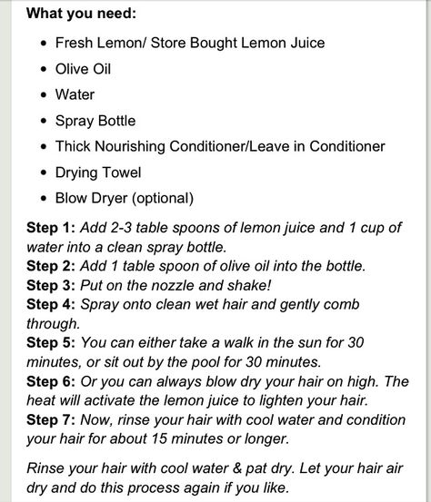 DIY Hair lightening, doing this! Diy Hair Lightening Spray, Hair Lightener Diy, Lemon Hair Lightening, Lemon Juice Hair, How To Lighten Blonde Hair, Hair Lightening Spray, Diy Highlights Hair, Lighten Hair Naturally, Hair Lightening