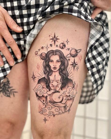 20 Absolutely Stunning Thigh Tattoos For Women Thigh Tattoos Women Unique Meaningful, Thigh Tattoo Placement, Women Thigh Tattoo, Front Thigh Tattoos, Dragon Thigh Tattoo, Thigh Tattoos For Women, Understanding Women, Zodiac Sign Tattoos, Thigh Tattoos