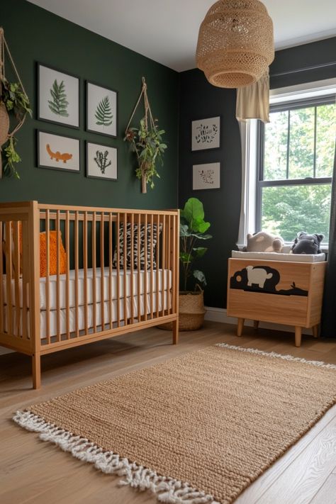 Some clever ideas for nursery rooms that will be perfect for lots of kids. Nursery With Fireplace, Brown And Green Nursery, Nursery Ideas Neutral Modern, Neutral Color Nursery Ideas, Hippie Baby Nursery, Green Wall Nursery, Earthy Nursery Ideas, Office Nursery Combo, Simple Kids Bedroom