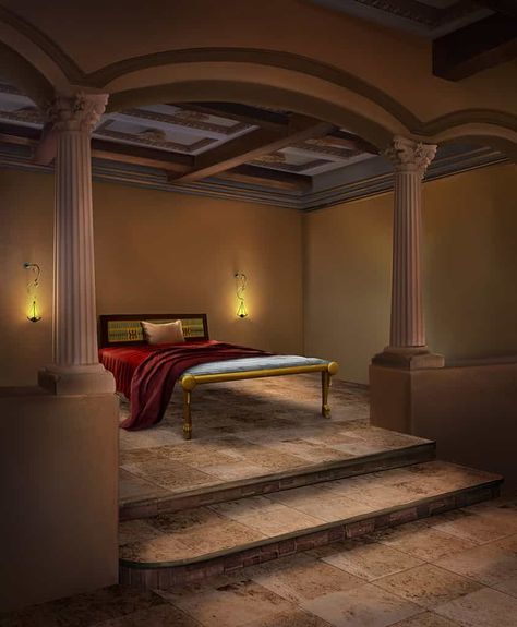 Tribune Rufus' bedroom Roman Bedroom, Mystery Prompts, Egyptian Bedroom, Roman House, Royal Bedroom, Ancient Queen, Jungle House, Episode Interactive Backgrounds, Bedroom Drawing