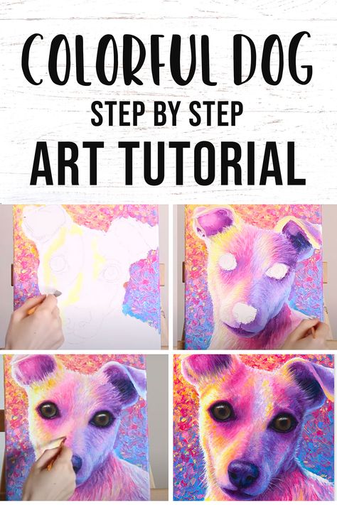 Paint a colorful pet portrait with this step by step animal art tutorial. This tutorial shows you how to paint a colorful dog in acrylics from start to finish! Colorful Pet Portraits, Easy Dog Paintings On Canvas, Dog Painting Pop Art, Pop Art Pet Portraits, Colorful Dog Art, Colorful Animal Paintings, Dog Portraits Painting, Lauren Elizabeth, Dog Drawings