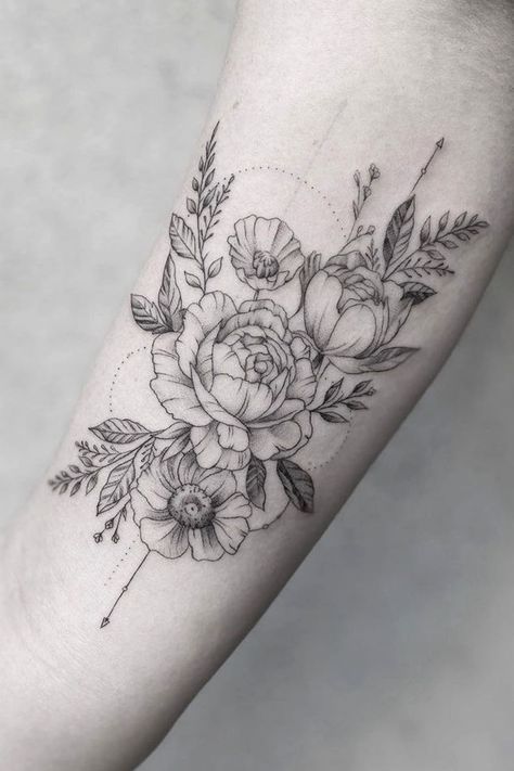 Geometric Flower Tattoo, Brooklyn Williamsburg, Underarm Tattoo, Floral Mandala Tattoo, Bouquet Tattoo, Wildflower Tattoo, Dot Tattoos, Floral Tattoo Sleeve, Floral Tattoo Design