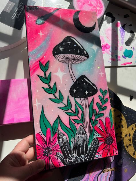 Mushroom Painting Ideas On Canvas, Witchy Painting Ideas, Trippy Mushroom Painting, Mushroom Painting Ideas, Cool Hippie Art, Mushroom Galaxy, Painted Mushrooms, Random Painting, Halloween Canvas Art