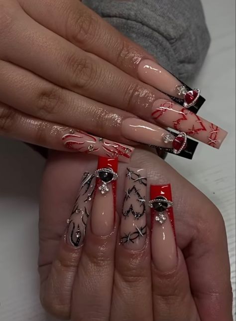 Black Coffin Acrylics, Black And Red French Nails, Red And Black Goth Nails, Long Black Nail Designs, Black And Red Goth Nails, Alt Valentines Nails, Red And Black French Tip Nails, Red And Black Nails Ideas, Red And Black Nails Acrylic