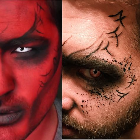 Inspired by Alex Faction’s look. I tried it on my bestie! Demon Devil Scary makeup look Mens Demon Makeup, Demon Halloween Costume Men, Male Demon Makeup, Wrath Makeup, Devil Aesthetic Costume, Devil Makeup Men, Demon Costume Men, Wrath Costume, Demon Makeup Men