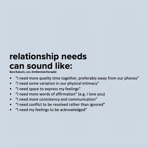 19k Likes, 61 Comments - Sara Kuburic (@millennial.therapist) on Instagram: “It’s important to have dialogues surrounding our relationship needs. Expression of needs allows the…” Relationship Needs, Manifestation Methods, Love Manifestation, Safe Family, Manifest Love, Relationship Skills, Relationship Therapy, Cheating Husband, Physical Intimacy