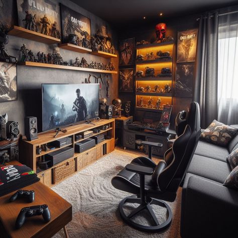 Rustic Gaming Room, Gaming Living Room Ideas, Developer Workspace, Console Setup, Small Room Setup, Lofted Cabin, Games Room Inspiration, Home Studio Setup, Video Game Room Design