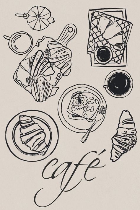 Coffee Pastry, Coffee Doodle, Fashion Posters, Posters Modern, French Breakfast, Sketch Style, Arte Sketchbook, 로고 디자인, Pencil Sketch