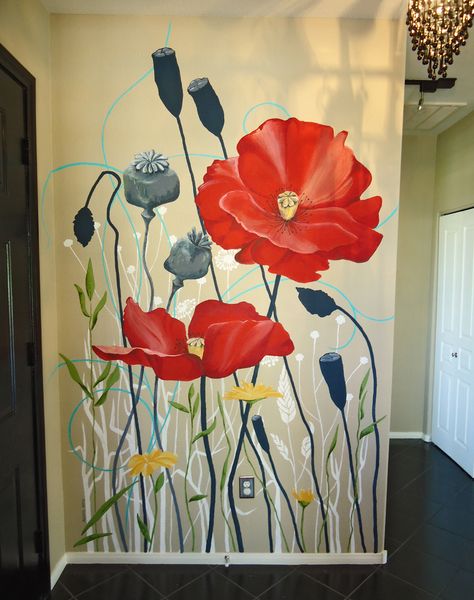 Poppy Wall Mural, Poppy Mural Wall Art, Poppy Mural, Personalized Flower Pot, Floral Mural, Colorful House, Interior Murals, Mural Artist, Toddler Bedroom