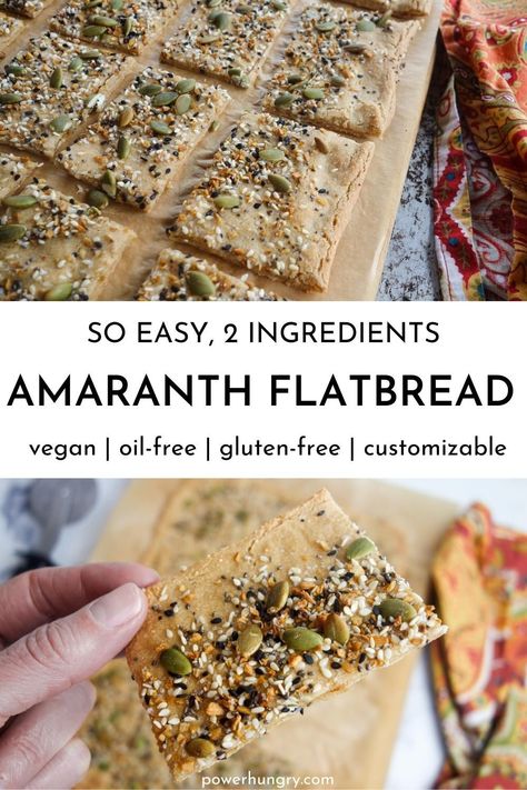 2 photo collage showing pieces of amaranth flatbread Vegan Crisp, Amaranth Recipes, Vegan Flatbread, Easy Pizza Crust, Yeast Free Breads, 2 Ingredient Recipes, Wfpb Recipes, Gluten Free Recipes Bread, Gluten Free Egg Free