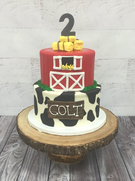 Farm cake with barn door Cow print cake Farm Theme Cake 2nd Birthday, Farm Animal 2nd Birthday Cake, Old Mcdonald Birthday Party Cake, Farm Theme First Birthday Cake, First Birthday Farm Cake, Moo Moo Im Two Birthday Cake, Barnyard Cake Ideas, Oink Cluck Moo 2nd Birthday Cake, Farm 2nd Birthday Cake