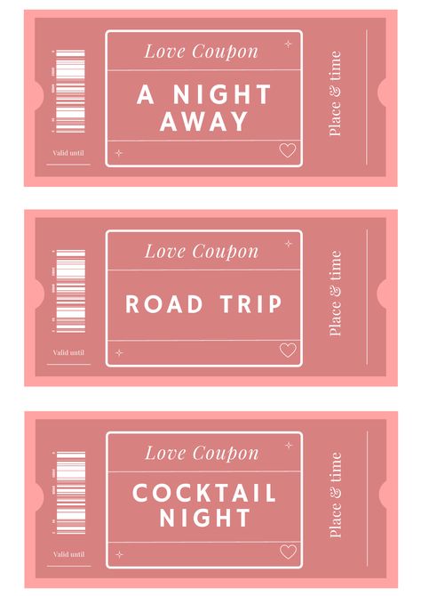 For San Valentine's!! Show your love with our exclusive pack of 18 Valentine's Day vouchers/coupons. Perfect for couples, use for romantic gestures, special outings, & thoughtful surprises. Print or use digitally to make this V-Day unforgettable. #valentinesdayvouchers #romanticvouchers #couplevouchers #specialoutings #valentinesdaygifts Valentines Day Vouchers, Road Trip Places, Cocktail Night, Love Coupons, Romantic Gestures, V Day, Romantic Valentine, Life Style, Valentine's Day