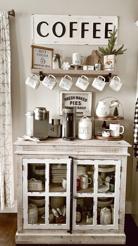 Farmhouse Coffee Bar Ideas Through The Seasons - Mornings on Macedonia Coffee Bar Farmhouse Style, Coffee Bar Ideas Farmhouse, Country Coffee Bar, Farmhouse Coffee Bar Ideas, Chimney Ideas, House Chimney, Home Coffee Bar Ideas, Kitchen Decor Themes Coffee, Coffee Bar Area