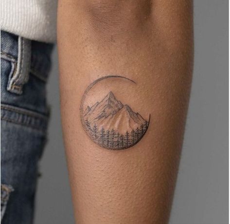 Mountain Lover Tattoo, Simple Nature Tattoos, Moon And Trees, Mountain Range Tattoo, Black Line Tattoo, Adventure Tattoo, Cute Simple Tattoos, Pumpkin Tattoo, Small Forearm Tattoos