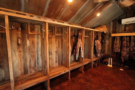 Hunting Camp Ideas Cabin Kitchen, Hunting Room Storage Organization Ideas, Hunting Mud Room, Hunting Lockers Mud Rooms, Deer Camp Ideas Hunting Cabin, Hunting Basement, Hunting Locker, Hunting Storage Room, Hunting Camp Ideas Cabin