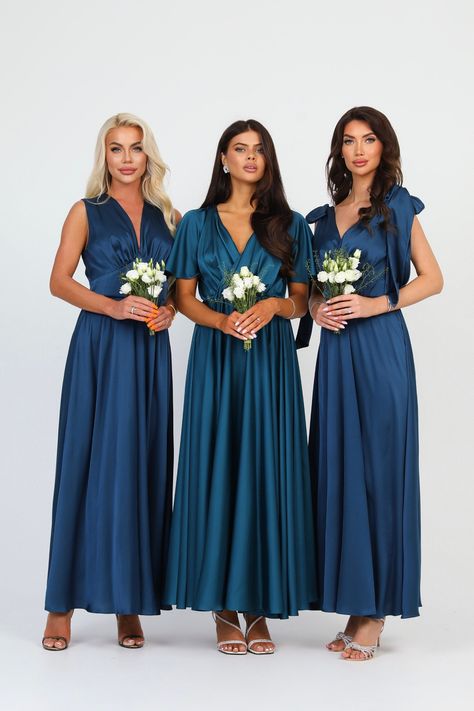 Summer Dress Wedding Guest, Summer Dress Wedding, Couture Bridesmaid Dresses, Teal Green Dress, Unique Bridesmaid Dresses, Dark Teal Green, Bridesmaid Dresses Satin, Silk Satin Dress, Maid Of Honour Dresses