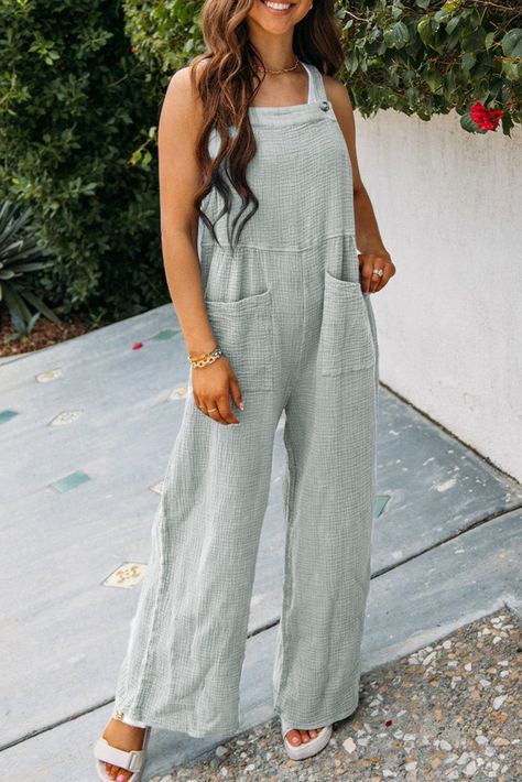 $10.5 Gray Textured Wide Leg Overall with Pockets Wholesale Loose Overalls, Pocket Jumpsuit, Jumpsuit Casual, Solid Color Jumpsuits, Loose Jumpsuit, Weave Style, Casual Jumpsuit, Pantalon Large, Casual Everyday