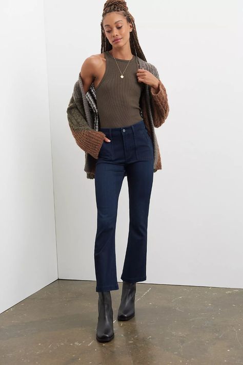 Paige Claudine Ultra High-Rise Ankle Flare Jeans | Anthropologie Cropped Flare Jeans Outfit Winter, Kick Flare Jeans Outfit, Cropped Flare Jeans Outfit, Flare Jeans Outfit Winter, Jeans Boots Outfit, Ankle Flare Jeans, Cropped Jeans Outfit, Cropped Outfits, Flare Jeans Outfit