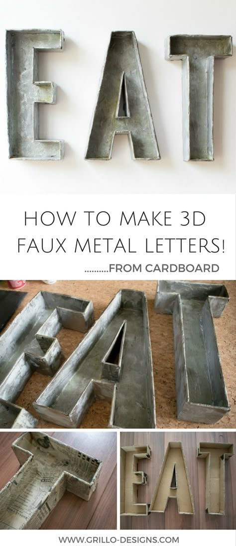 Diy Letter Ideas, Industrial Diy Decoration, Industrial Diy Decoration Ideas, Cardboard Letters, Industrial Diy, Faux Metal, Diy Hanging Shelves, Industrial Home Design, Folding Origami