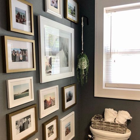 Best Half Bathroom Ideas, Large Half Bathroom Decor, Family Photos In Bathroom, Trendy Half Bathroom Ideas, Half Bathroom Ideas On A Budget, Bathroom Wall Gallery, Gallery Wall Bathroom Half Baths, Half Bath Art, Small Bathroom Artwork Ideas