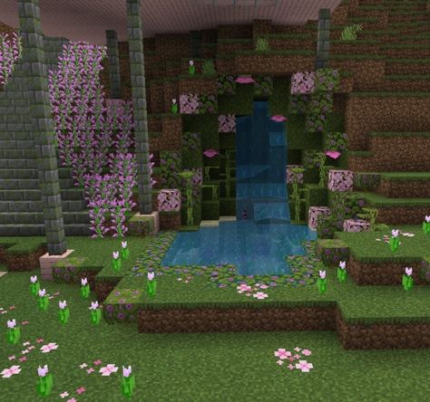 Minecraft Mini Waterfall Ideas, Ihascupquake Minecraft Oasis, Cute Underground Base Minecraft, Small Waterfall Minecraft, Minecraft Mountain Waterfall, Cherry Blossom Cave House Minecraft, Minecraft Seating, Waterfall Minecraft Build, Minecraft Mermaid Cove