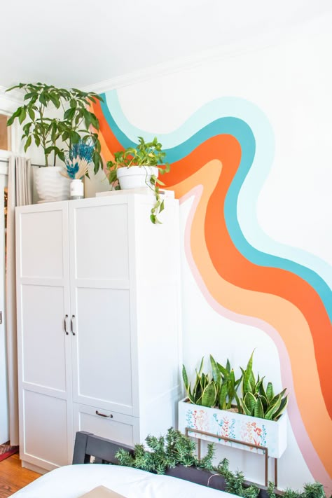 Art Supply cabinet makeover great for a small NYC apartment space. Accent Small Wall Ideas, Wall Art Small Space, Funky Area Rugs In Living Room, Fun Wall Mural Ideas, Paint Apartment Walls, Small Kids Bedroom Storage Ideas, 60s Room Ideas, Room Painting Ideas Aesthetic, Painting Small Spaces