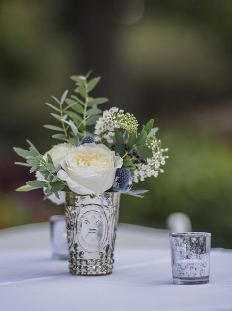 Cocktail Hour Flower Arrangements, Blue Thistle Arrangement, Bud Vases White And Blue Flowers, Thistle Centerpiece Wedding, Rosemary Floral Arrangement, Small Blue And White Flower Arrangements, Blue Thistle Centerpiece, White And Blue Flower Centerpieces, Beachy Floral Arrangements