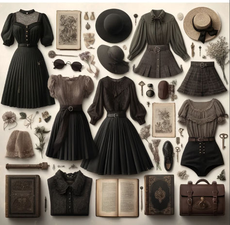 Dark summer academic style For more ideas follow me :) Gothic Literature Aesthetic Outfit, Cottagecore Meets Dark Academia, Dark Cottagecore Summer Outfits, Autumn Gothic Aesthetic, Witchy Dark Academia Outfit, Dark Acedamia Core, Dark Whimsical Aesthetic Outfit, Dark Witchy Outfits, Goth Librarian Aesthetic