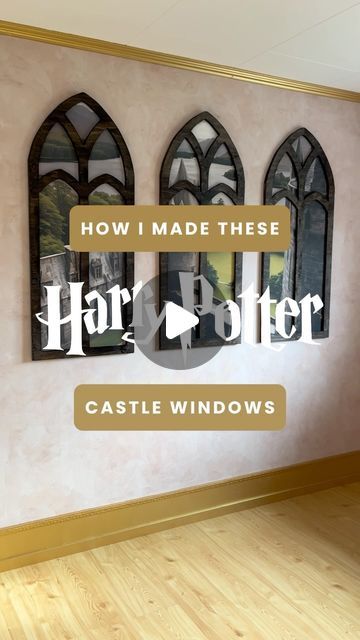 Jennifer | MAGICAL MISCHIEF ϟ - Harry Potter content creator on Instagram: "How I made my Hogwarts castle windows! 😍  The background is a photo wallpaper that I created by using the “create your own” function on @happywall_com ✨ I just uploaded my own AI photo and filled out the measurements, so easy!  Building the windows themselves took a bit longer though, but the hardest part was simply drawing the design. These windows are heavily inspired by the courtyard arches at Durham Cathedral, one of the Hogwarts film locations!  I’m so pleased with the result, they’re the highlight of the room! 😍⚡️ what do you think?  PS, let me know if you want a more detailed video of how I made the window arches!   {gifted (wallpaper)}  💸 The code adventuresofwander15 gives you 15% off any purchase on @h Harry Potter Backdrop Ideas, Castle Window Aesthetic, Harry Potter Buildings, Hogwarts Window, Diy Harry Potter Gifts, Hogwarts Dollhouse, Hogwarts Castle Drawing, Castle Facade, Diy Harry Potter Decor